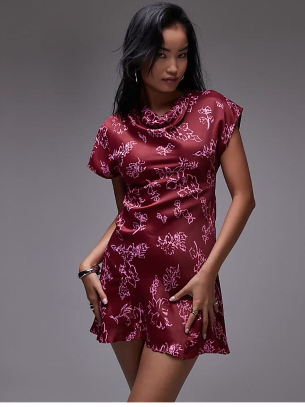TOPSHOP
Women's Ruched Side Grown On Shoulder Mini Dress Red Print, Sz 12